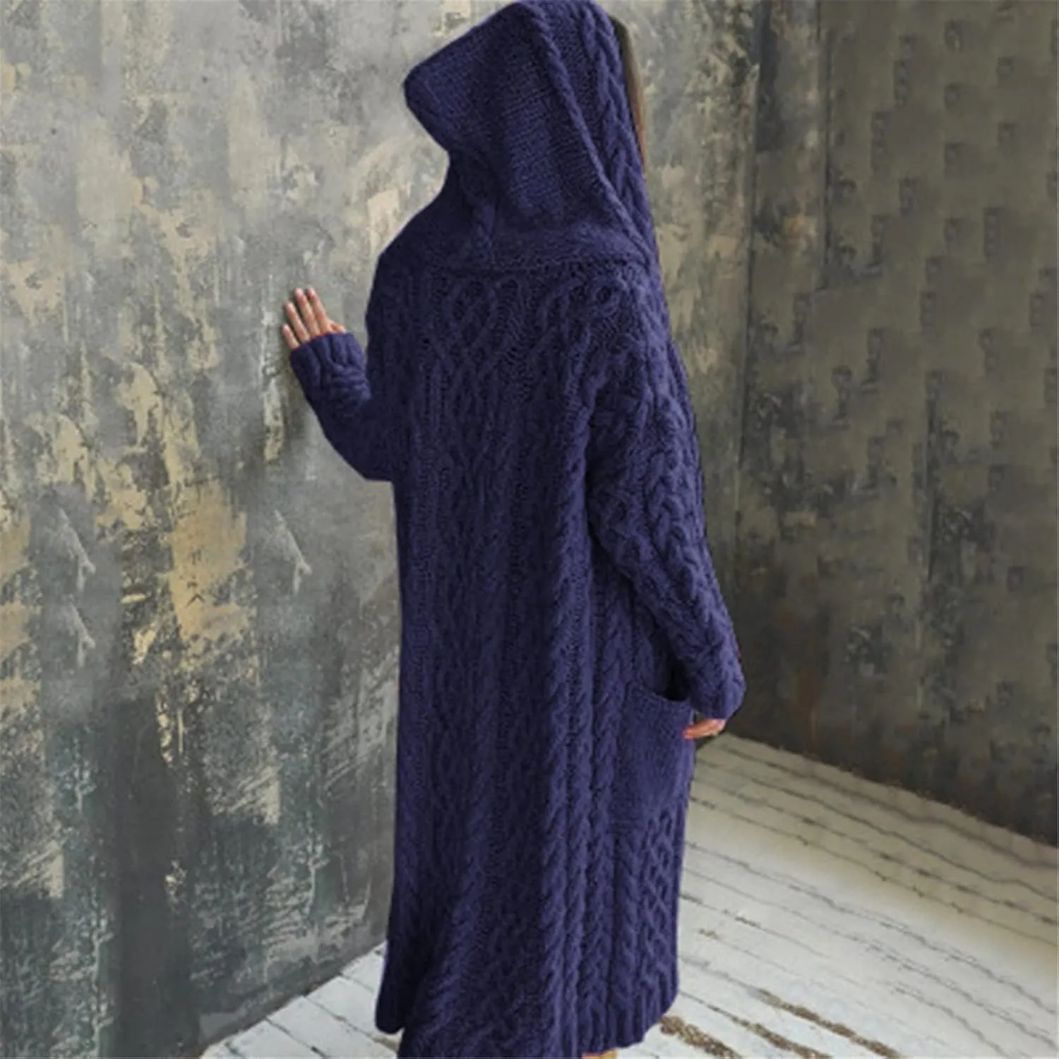 Women Open Front Cardigans 2024 Fall Trendy Plus Size Long Sleeve Coat Solid Cable Knit Hooded Jacket With Pockets