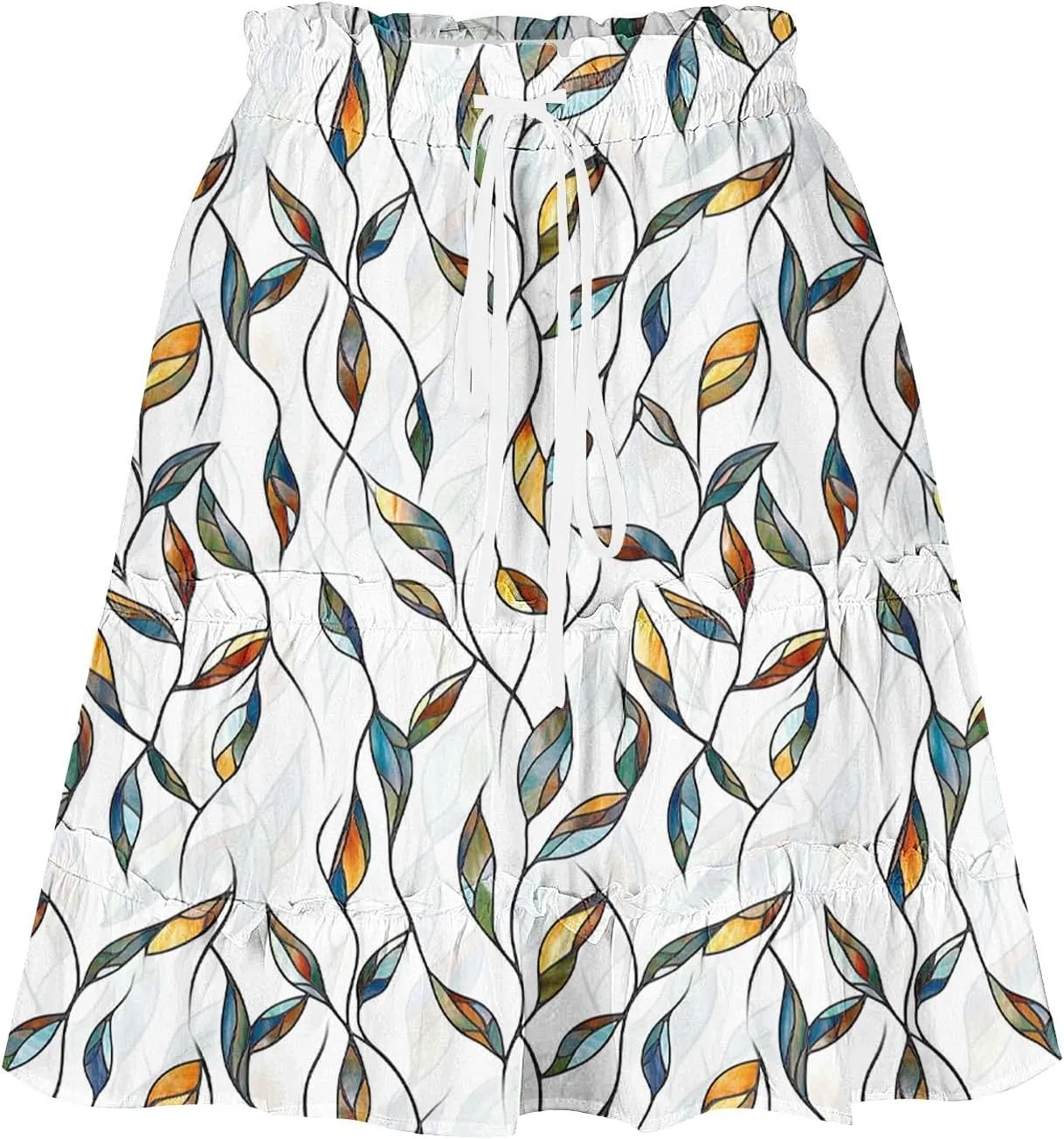 Women Summer Boho Skirts High Waist Casual Flowy Elastic Floral Printed Drawstring Tie-up Mini Skirt with Belt