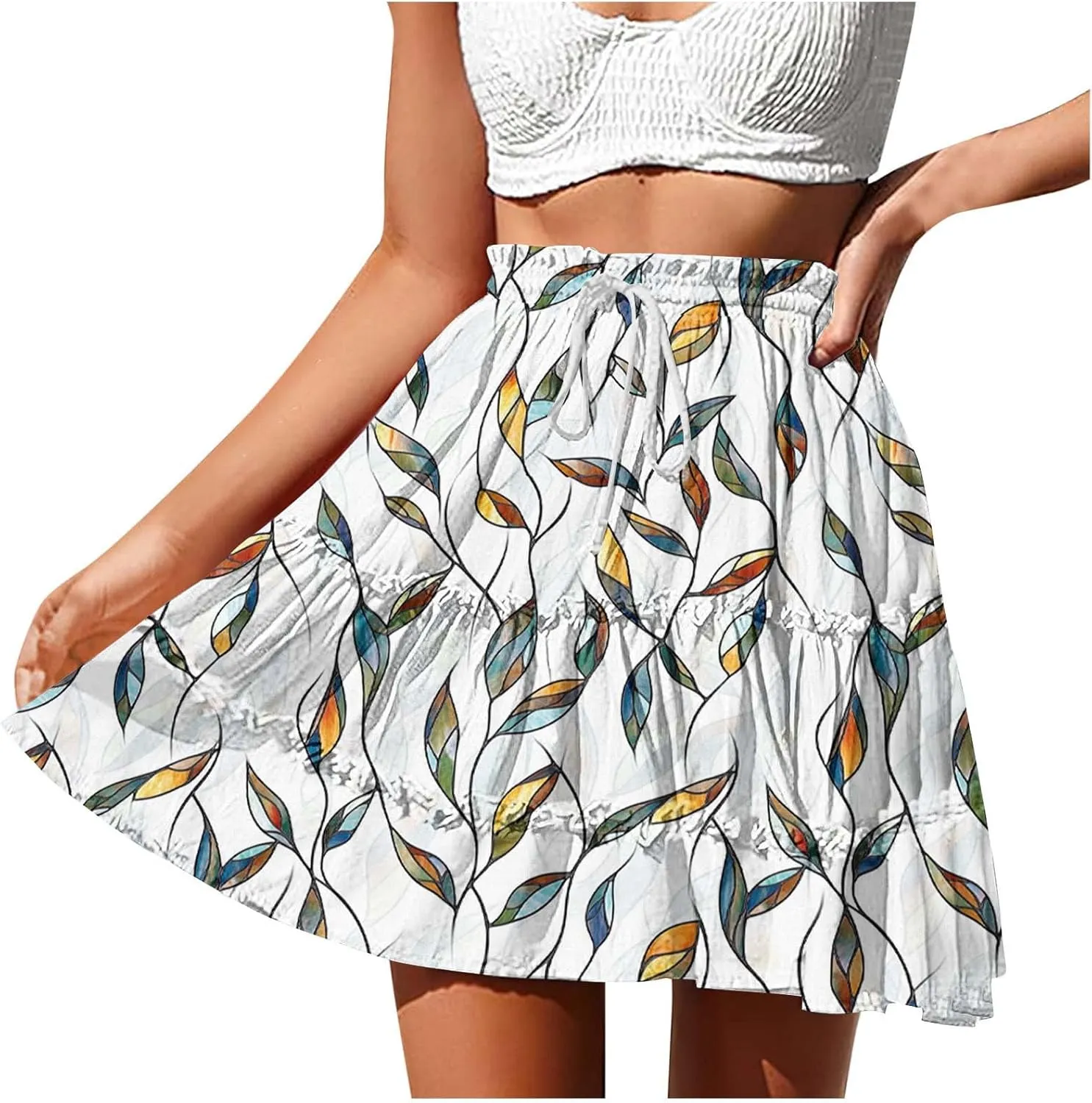 Women Summer Boho Skirts High Waist Casual Flowy Elastic Floral Printed Drawstring Tie-up Mini Skirt with Belt