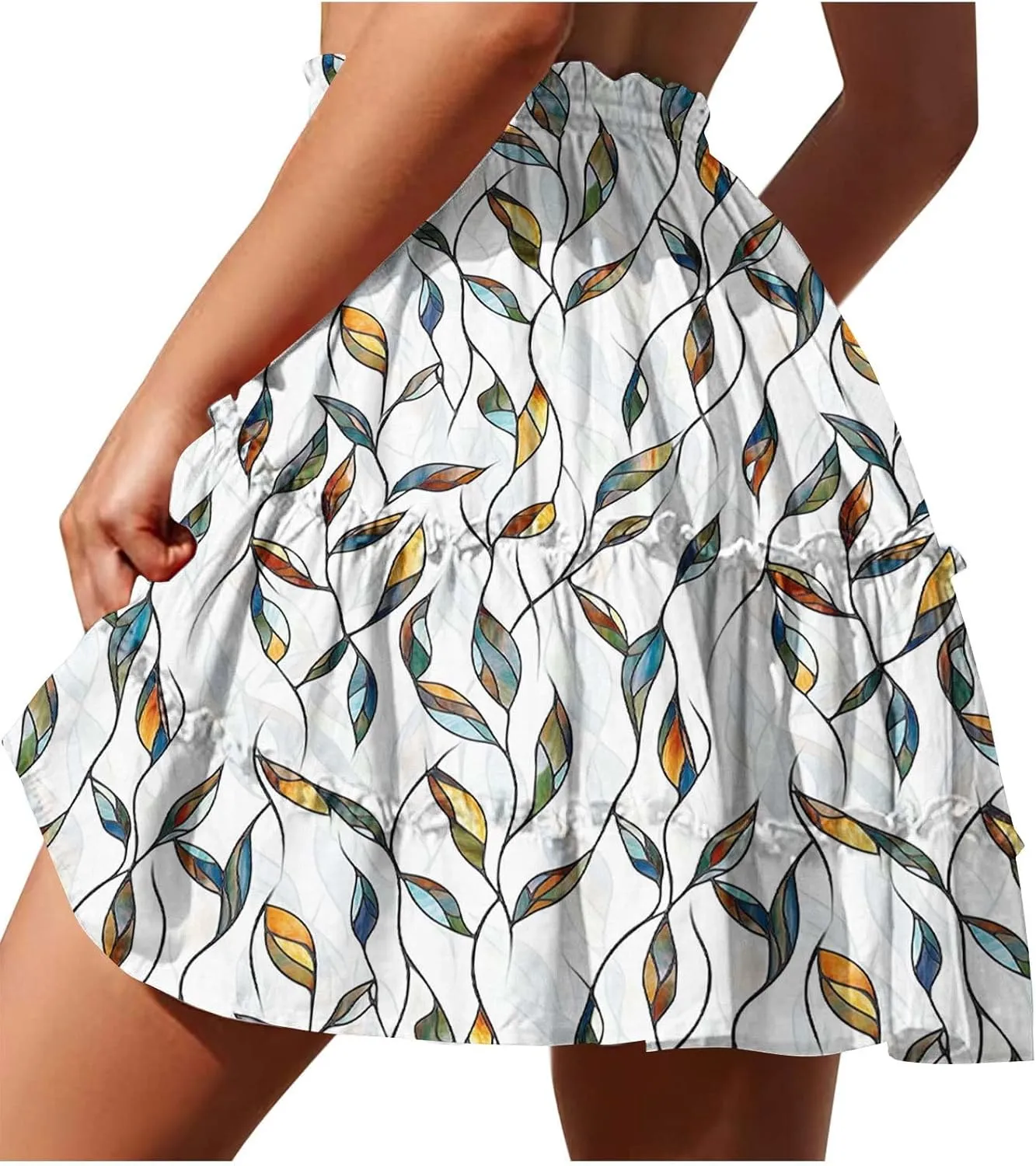 Women Summer Boho Skirts High Waist Casual Flowy Elastic Floral Printed Drawstring Tie-up Mini Skirt with Belt