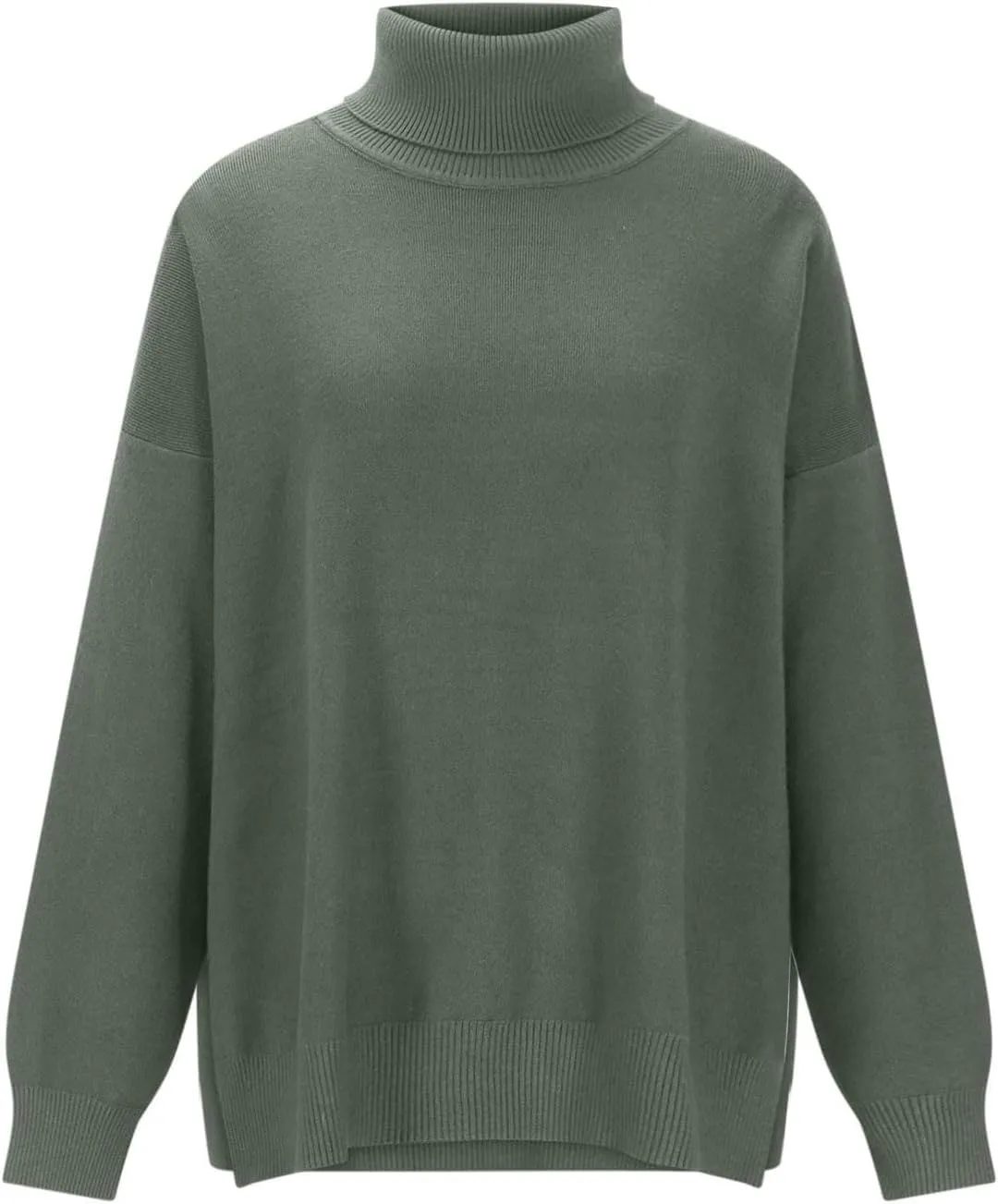 Women Turtleneck Knitted Sweater Long Sleeve Oversized Drop Shoulder Tunic Sweater Side Slit Solid Warm Sweater Top