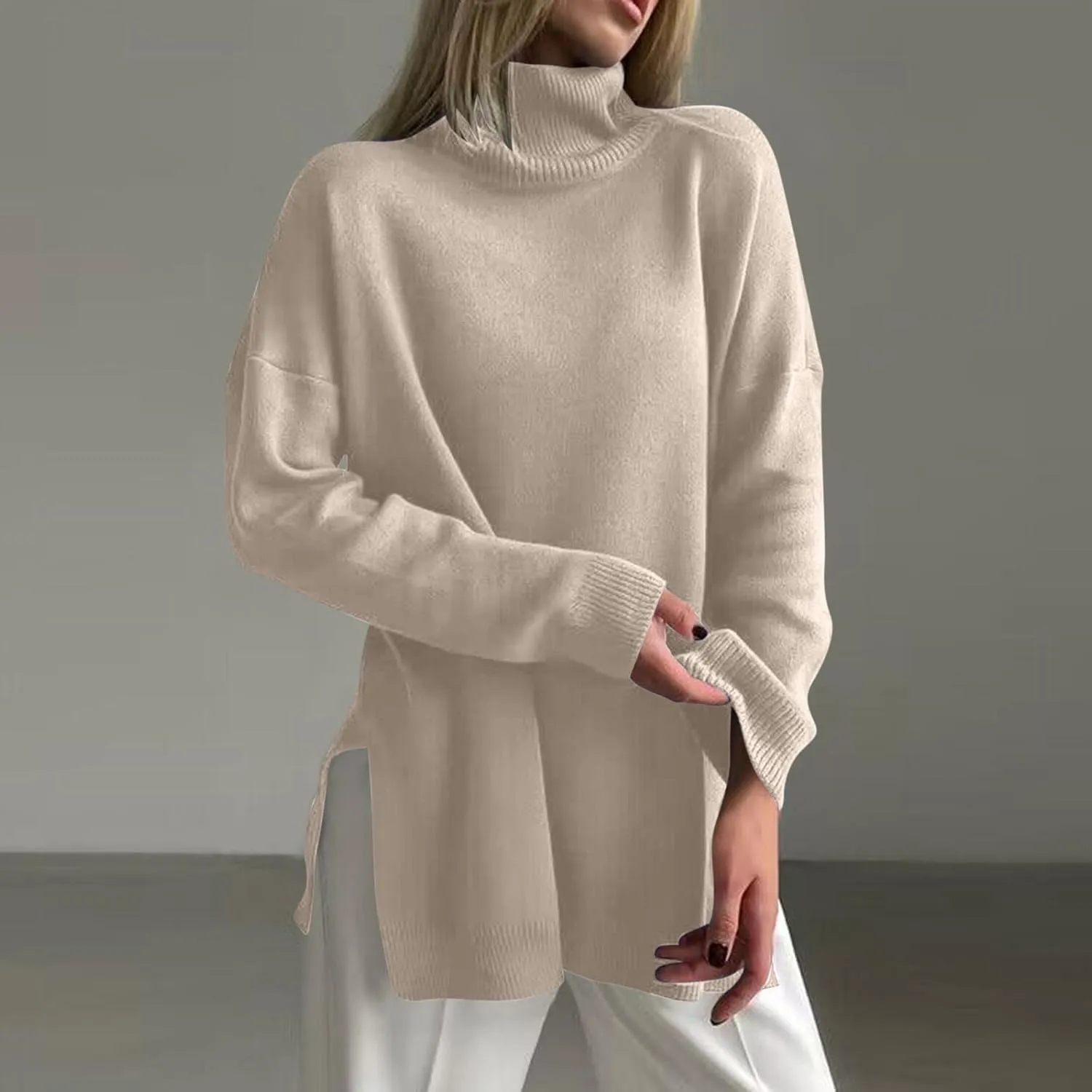 Women Turtleneck Knitted Sweater Long Sleeve Oversized Drop Shoulder Tunic Sweater Side Slit Solid Warm Sweater Top