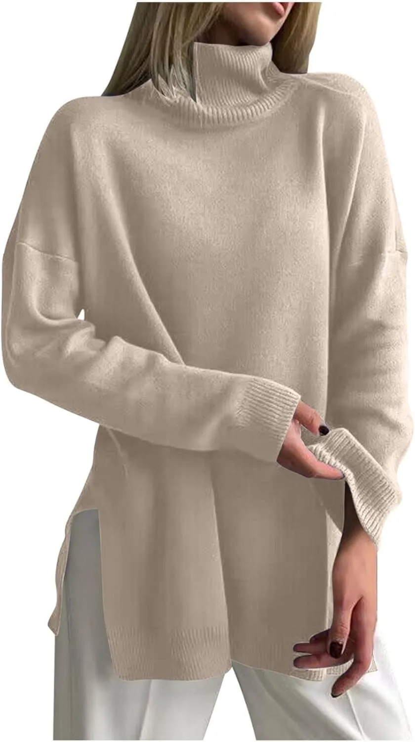 Women Turtleneck Knitted Sweater Long Sleeve Oversized Drop Shoulder Tunic Sweater Side Slit Solid Warm Sweater Top