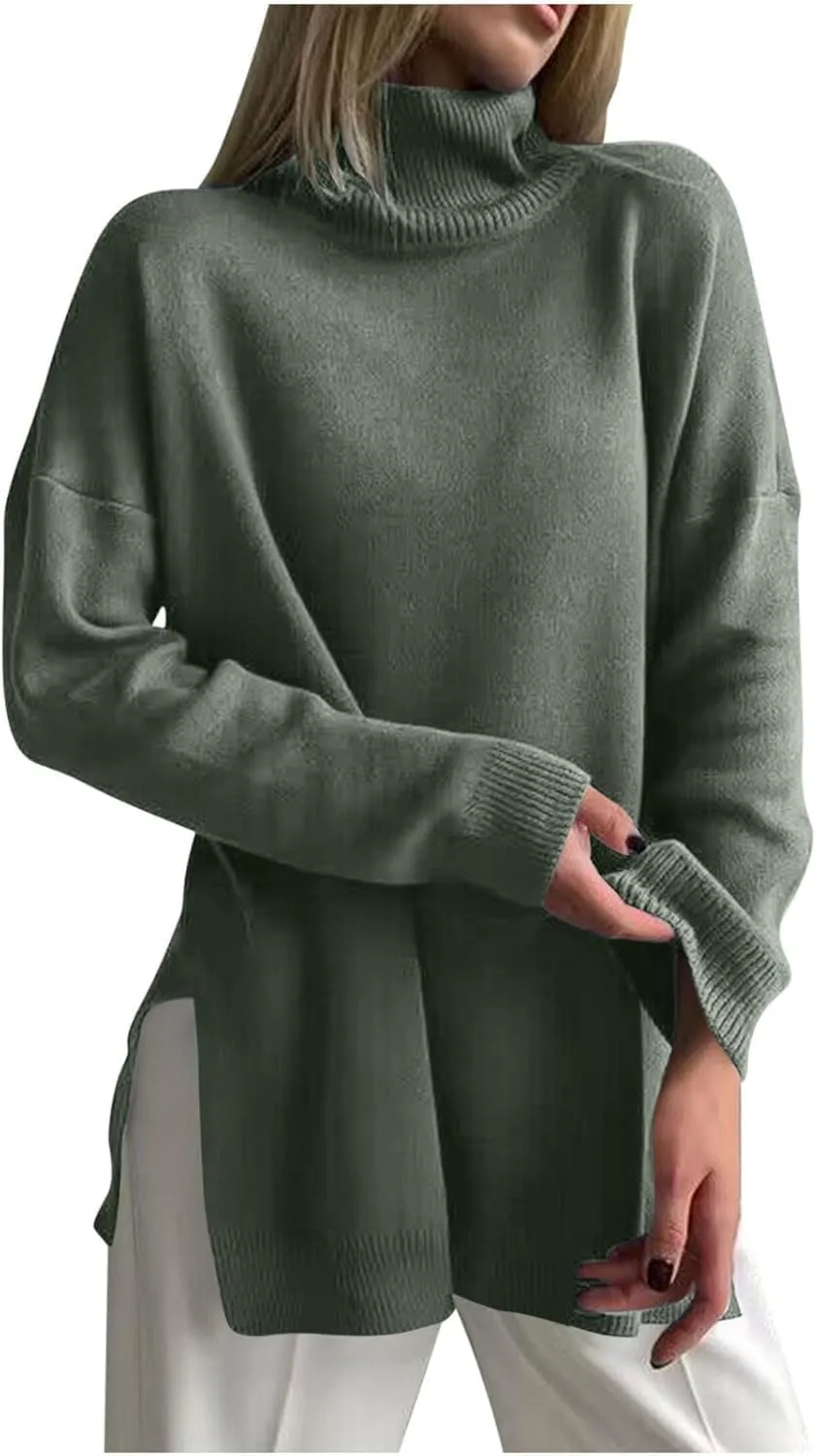 Women Turtleneck Knitted Sweater Long Sleeve Oversized Drop Shoulder Tunic Sweater Side Slit Solid Warm Sweater Top