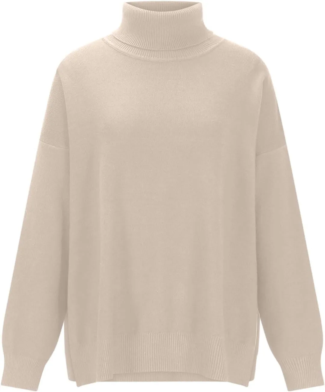 Women Turtleneck Knitted Sweater Long Sleeve Oversized Drop Shoulder Tunic Sweater Side Slit Solid Warm Sweater Top