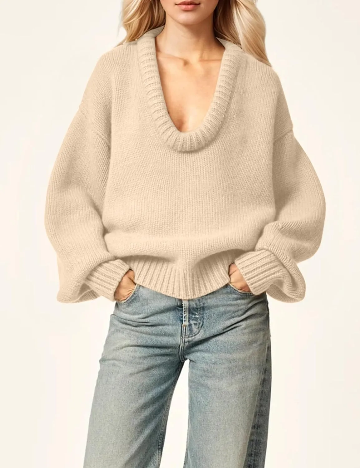 Womens Deep V Neck Sweater Long Sleeve Low Cut Oversized Solid Pullover Drop Shoulder Knit Jumper Sweatshirt Tops