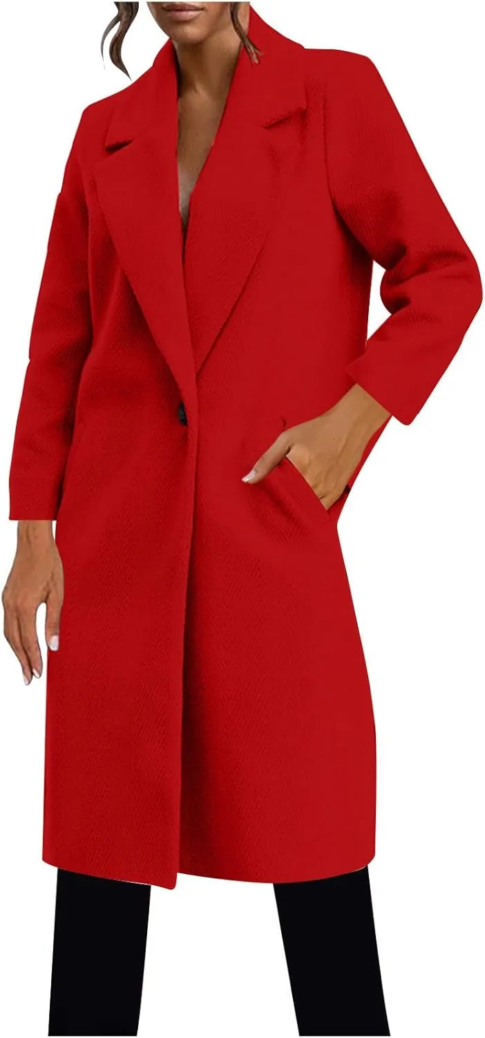 Womens Fall Winter Wool Blend Blazers Classic Notched Lapel Collar Mid-Long Overcoat Lounge Soild Jacket with Pockets