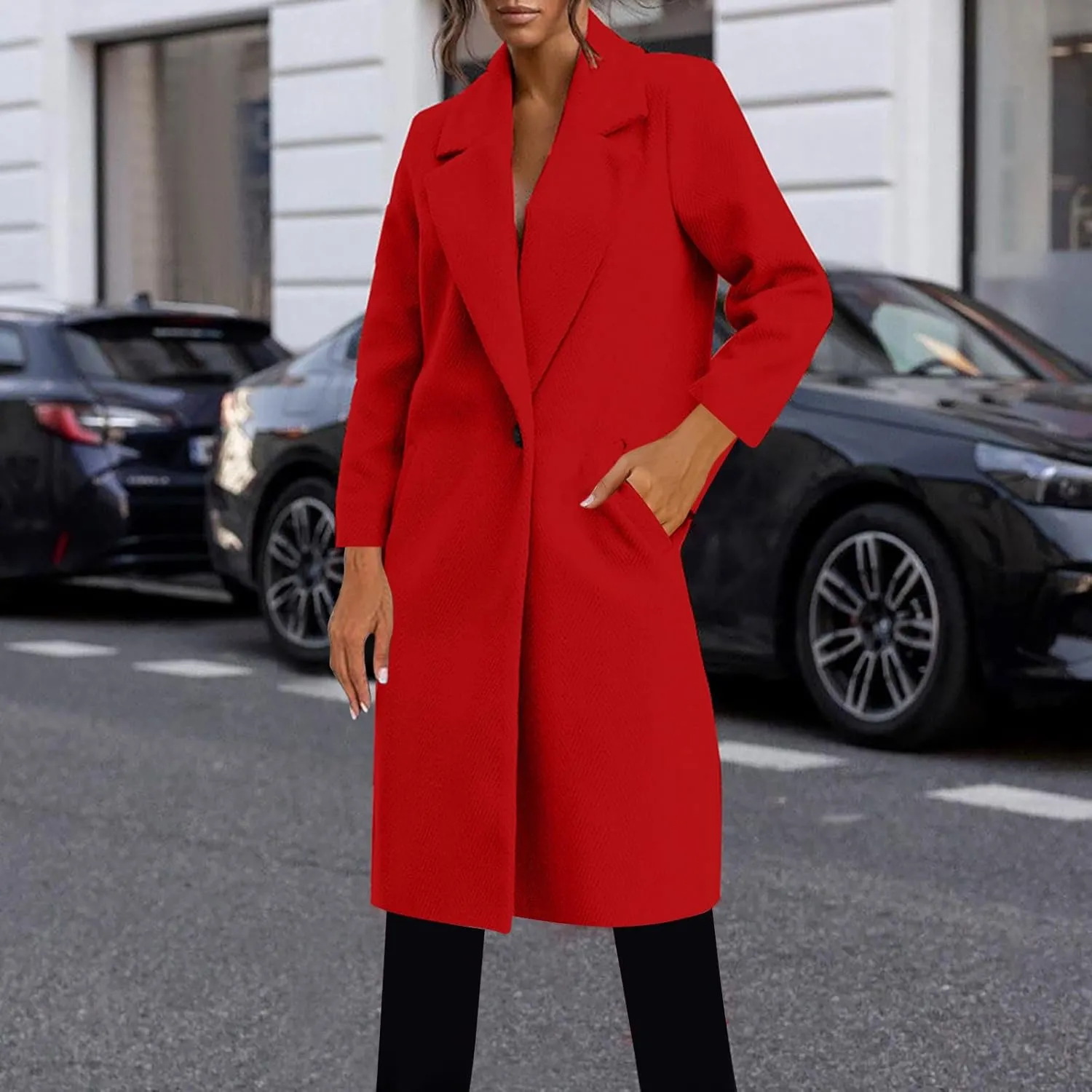 Womens Fall Winter Wool Blend Blazers Classic Notched Lapel Collar Mid-Long Overcoat Lounge Soild Jacket with Pockets