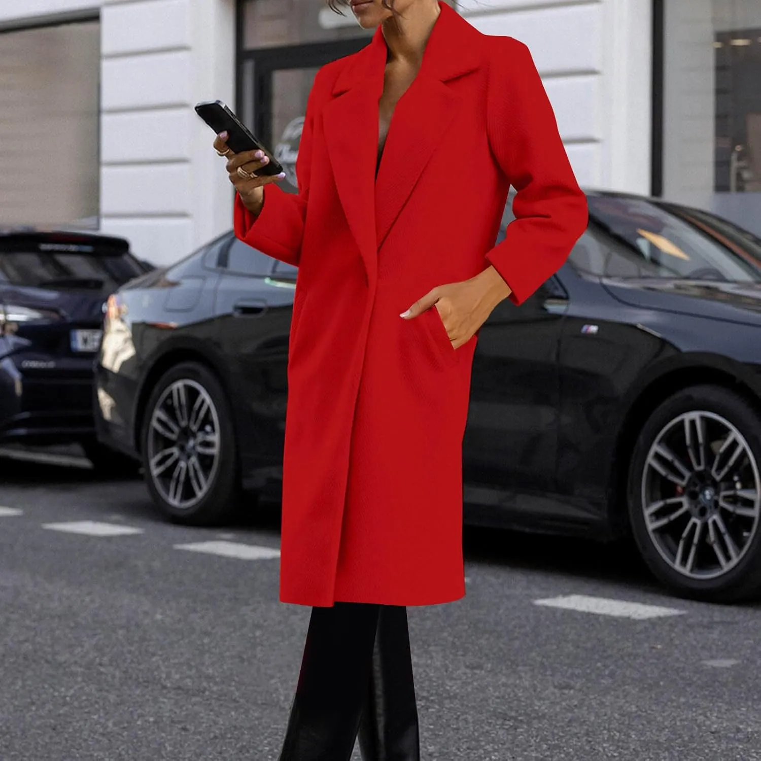 Womens Fall Winter Wool Blend Blazers Classic Notched Lapel Collar Mid-Long Overcoat Lounge Soild Jacket with Pockets