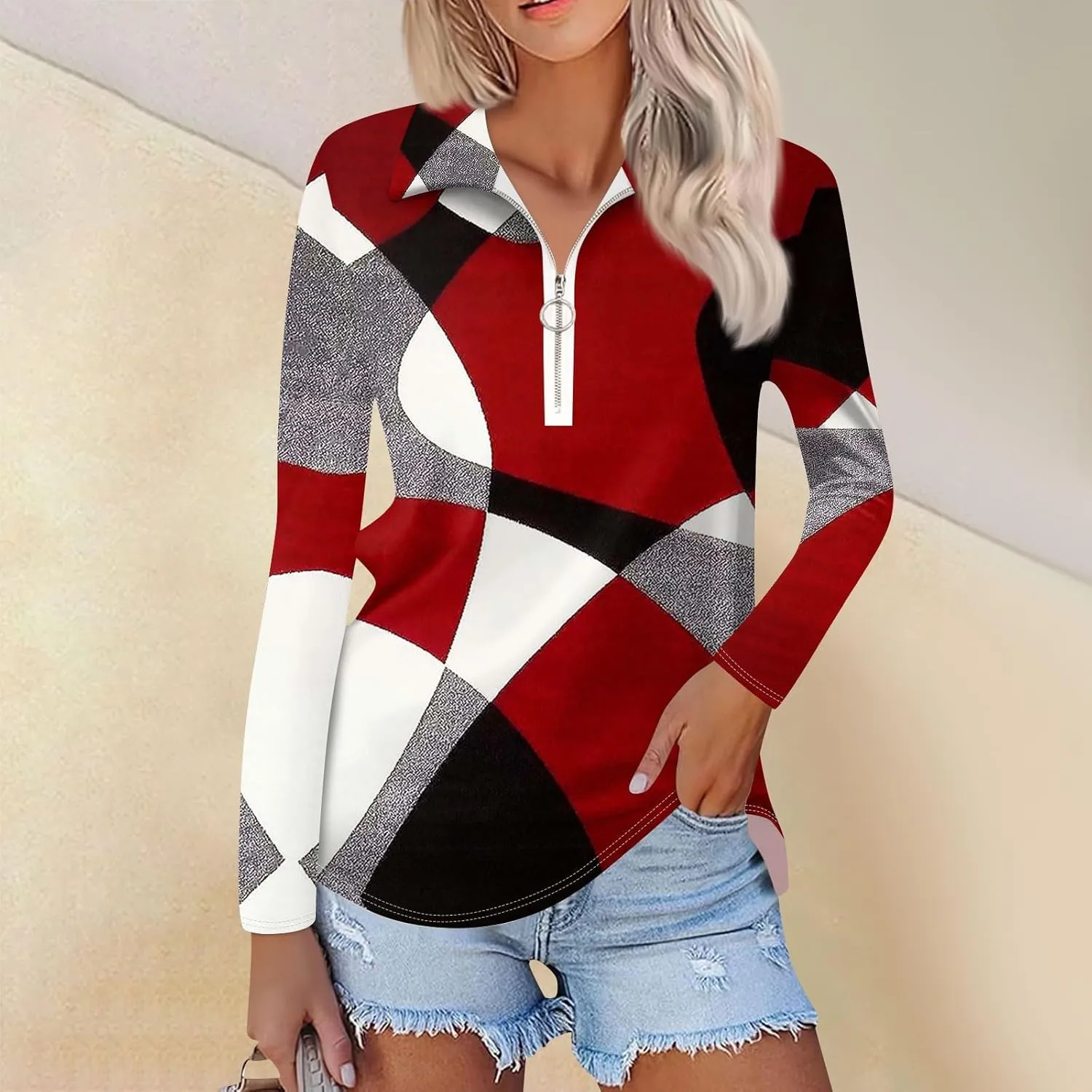 Womens Long Sleeve Tops Fall Fashion Sweatshirts Zipper V-Neck Long Sleeve Shirt Casual Printed Pullover