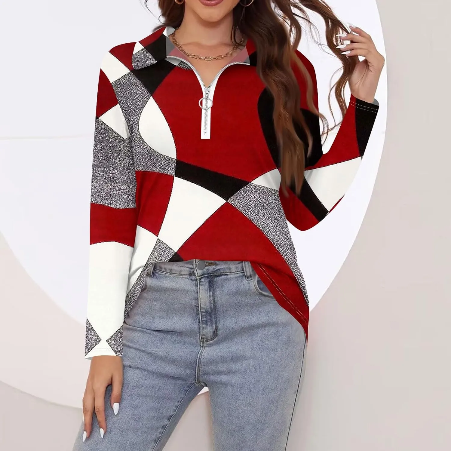 Womens Long Sleeve Tops Fall Fashion Sweatshirts Zipper V-Neck Long Sleeve Shirt Casual Printed Pullover