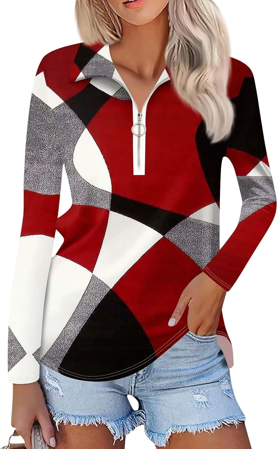 Womens Long Sleeve Tops Fall Fashion Sweatshirts Zipper V-Neck Long Sleeve Shirt Casual Printed Pullover