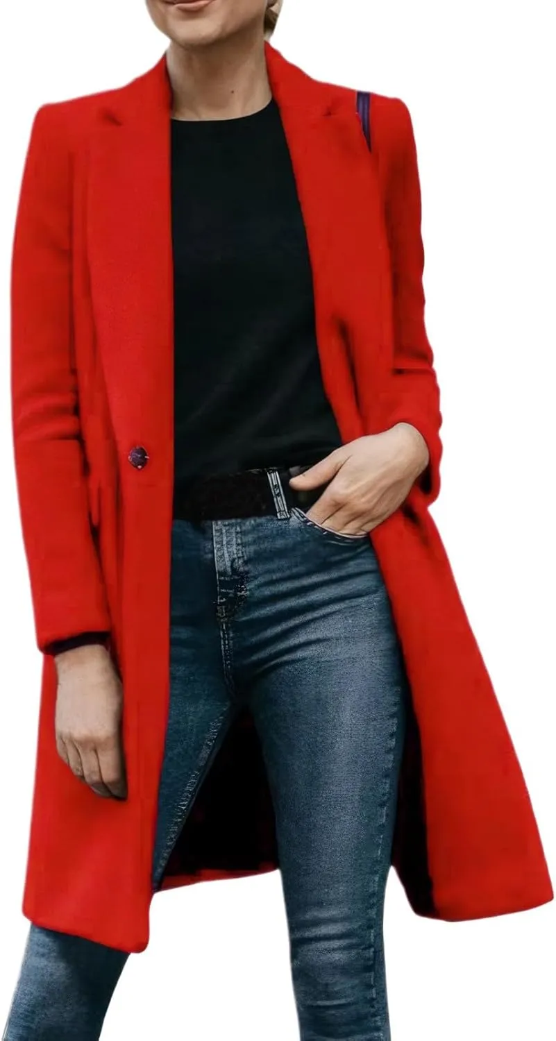Women's Trench Coats Women's Casual Thicken Wool Blend Lapel Collar Single Breasted Pea Coat Fall Winter Fashion Loose Fit Trench Jackets Red Xx-Large