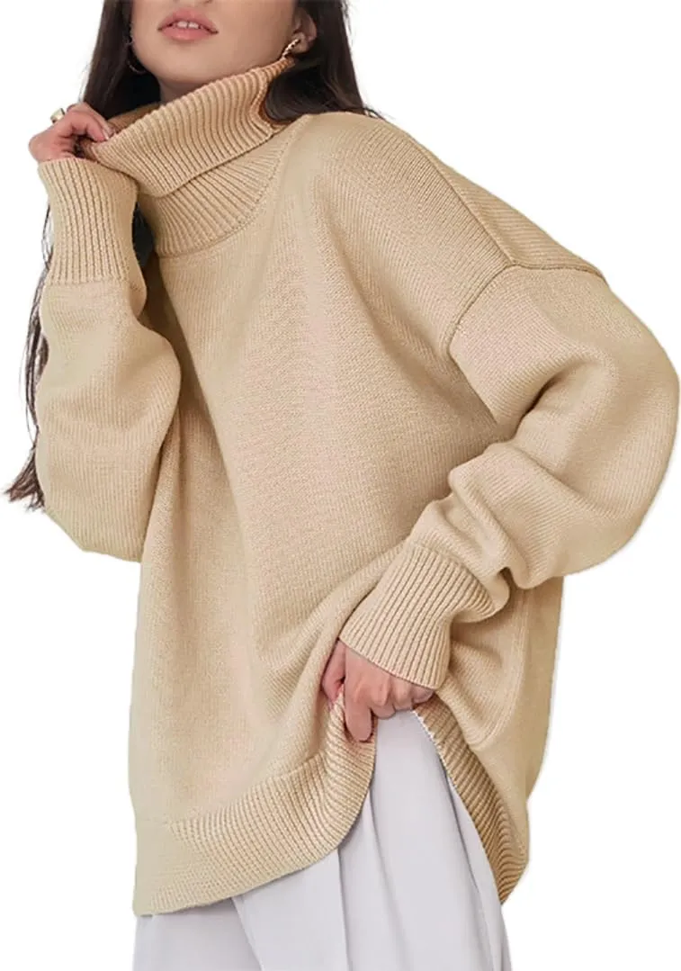 Women's Turtleneck Sweater Pure Color Long Sleeve Oversized Sweaters Loose fit Chunky Knit Sweaters Ribbed Fall Sweater
