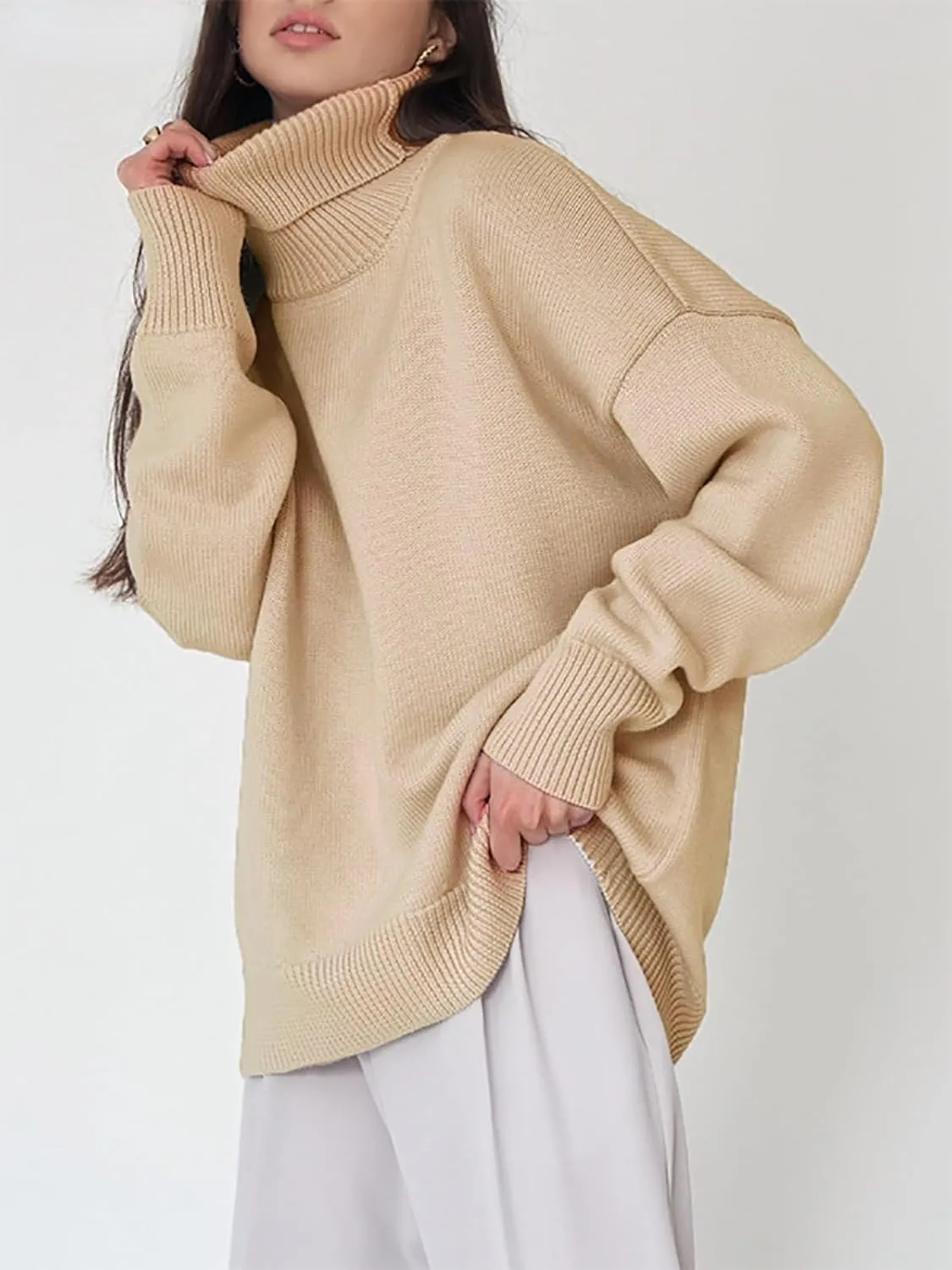 Women's Turtleneck Sweater Pure Color Long Sleeve Oversized Sweaters Loose fit Chunky Knit Sweaters Ribbed Fall Sweater
