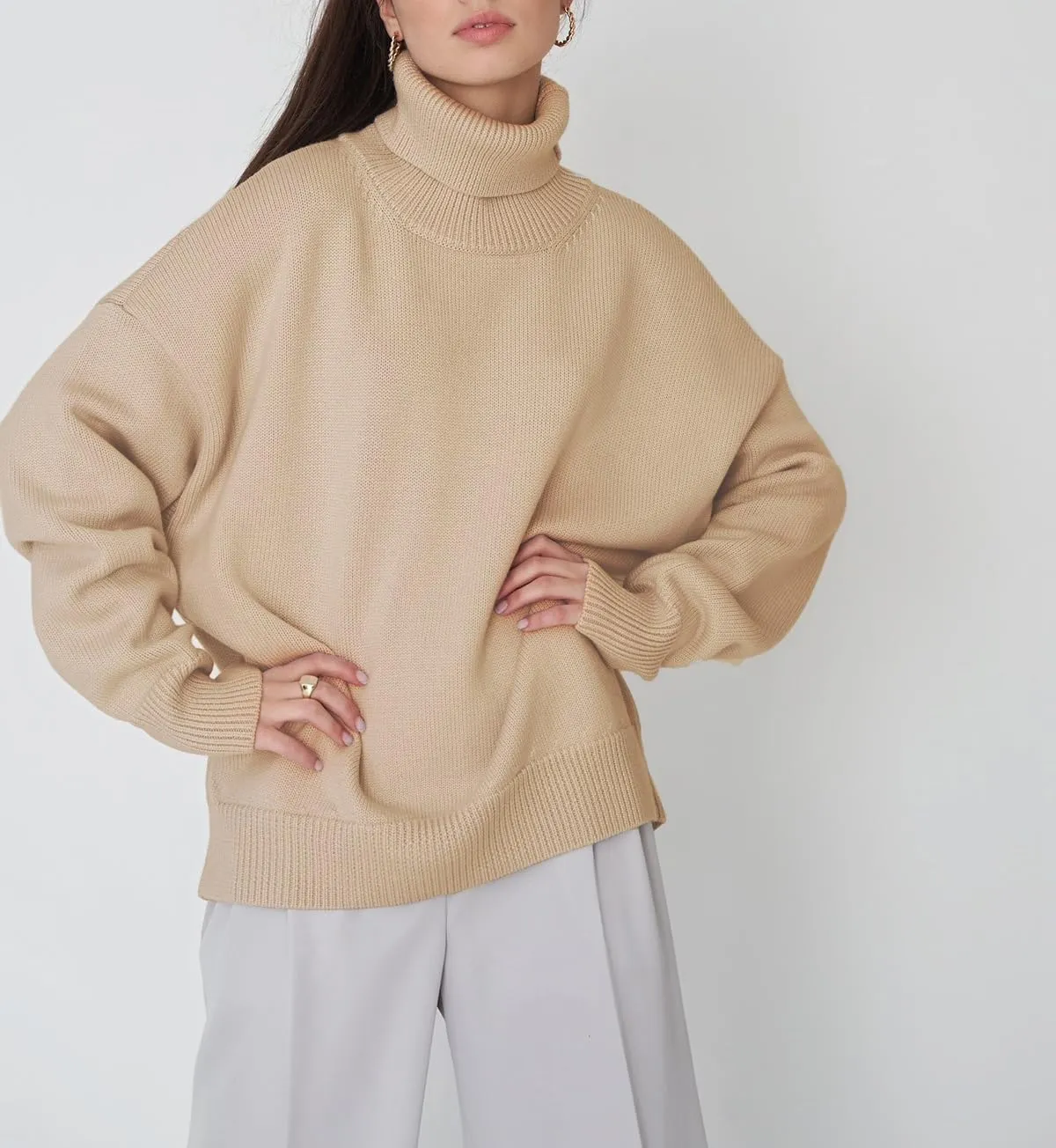 Women's Turtleneck Sweater Pure Color Long Sleeve Oversized Sweaters Loose fit Chunky Knit Sweaters Ribbed Fall Sweater