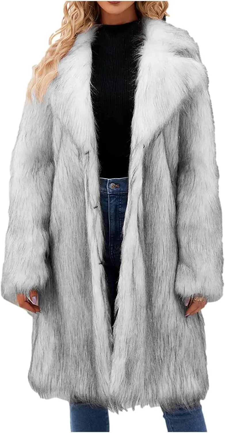 Women's Winter Faux Fur Coats Fuzzy Luxury Faux Fur Mid-Length Jacket Fluffy Thicken Long Sleeve Open Front Cardigan