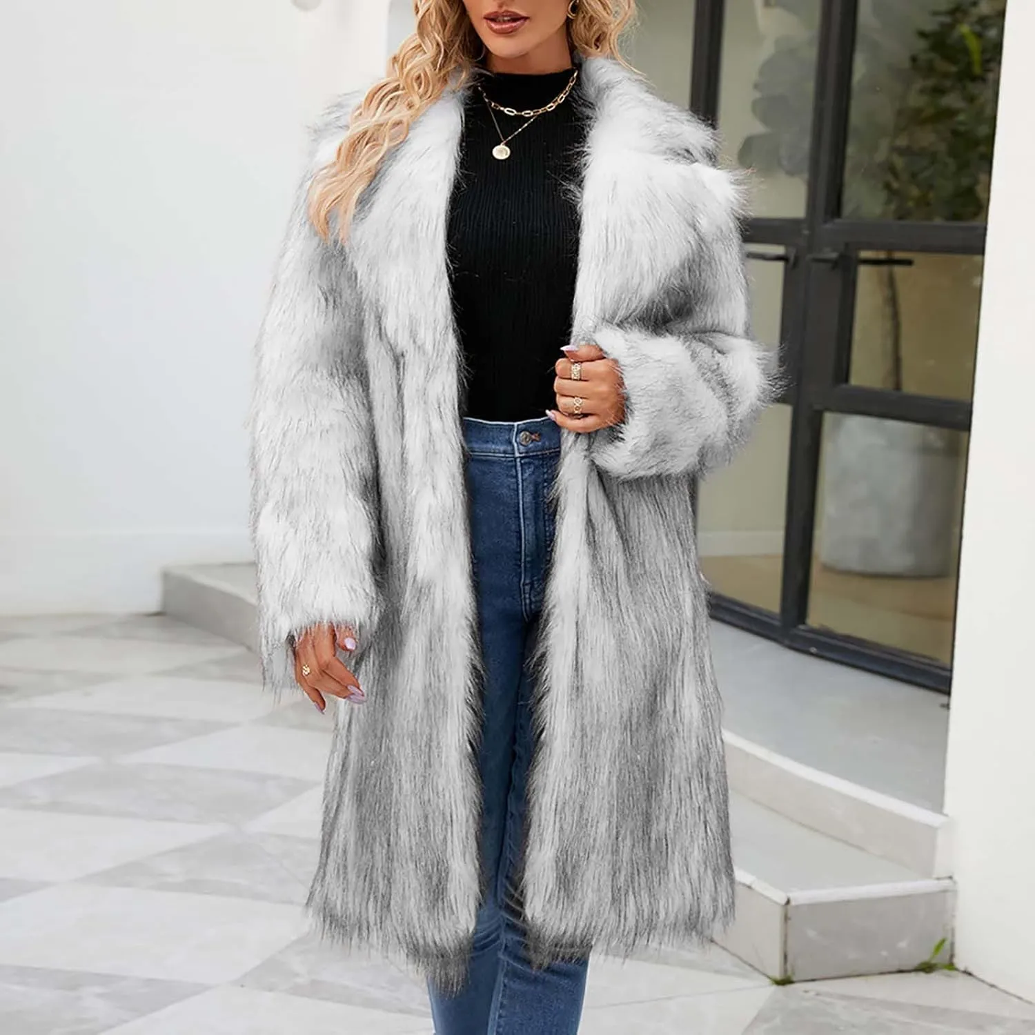 Women's Winter Faux Fur Coats Fuzzy Luxury Faux Fur Mid-Length Jacket Fluffy Thicken Long Sleeve Open Front Cardigan