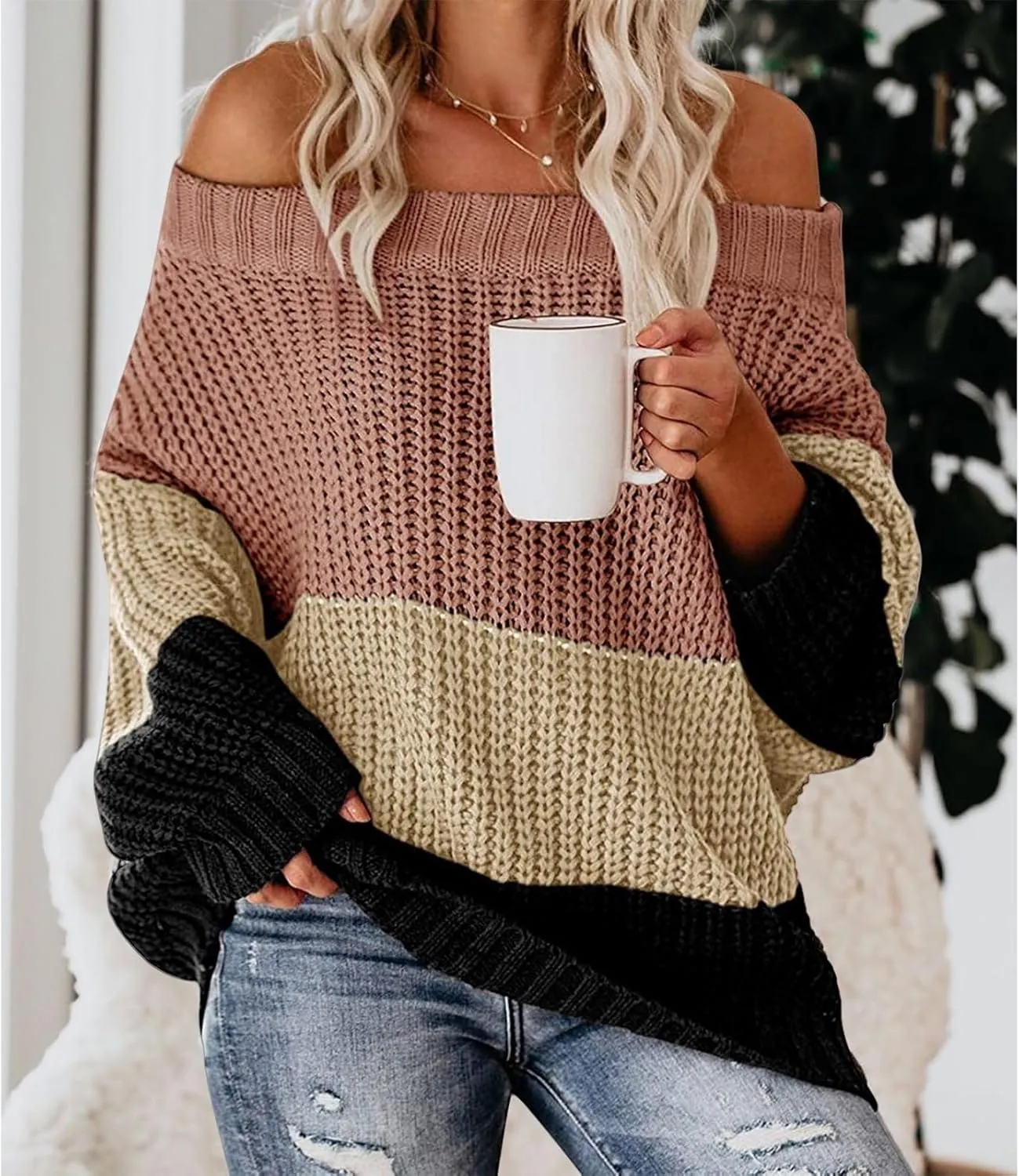 ZWRXW Womens Color Block Sweater Oversized Off Shoulder Pullover Cable Knit Chunky Sweaters Fall Winter Loose Jumper Tops