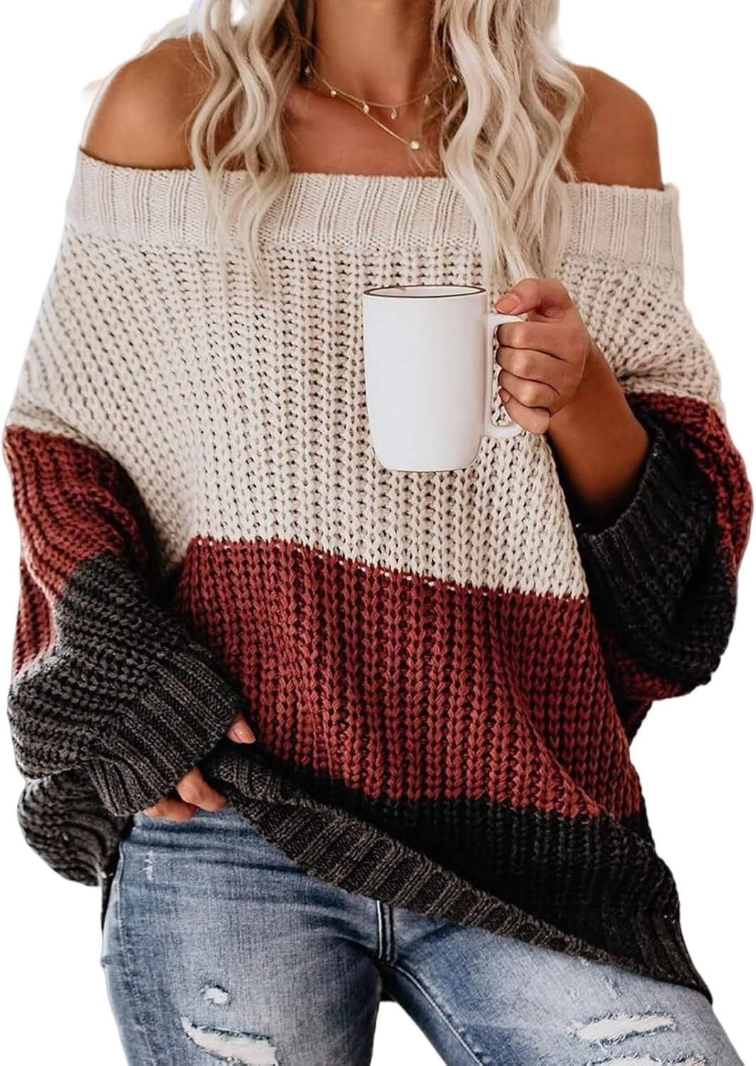 ZWRXW Womens Color Block Sweater Oversized Off Shoulder Pullover Cable Knit Chunky Sweaters Fall Winter Loose Jumper Tops