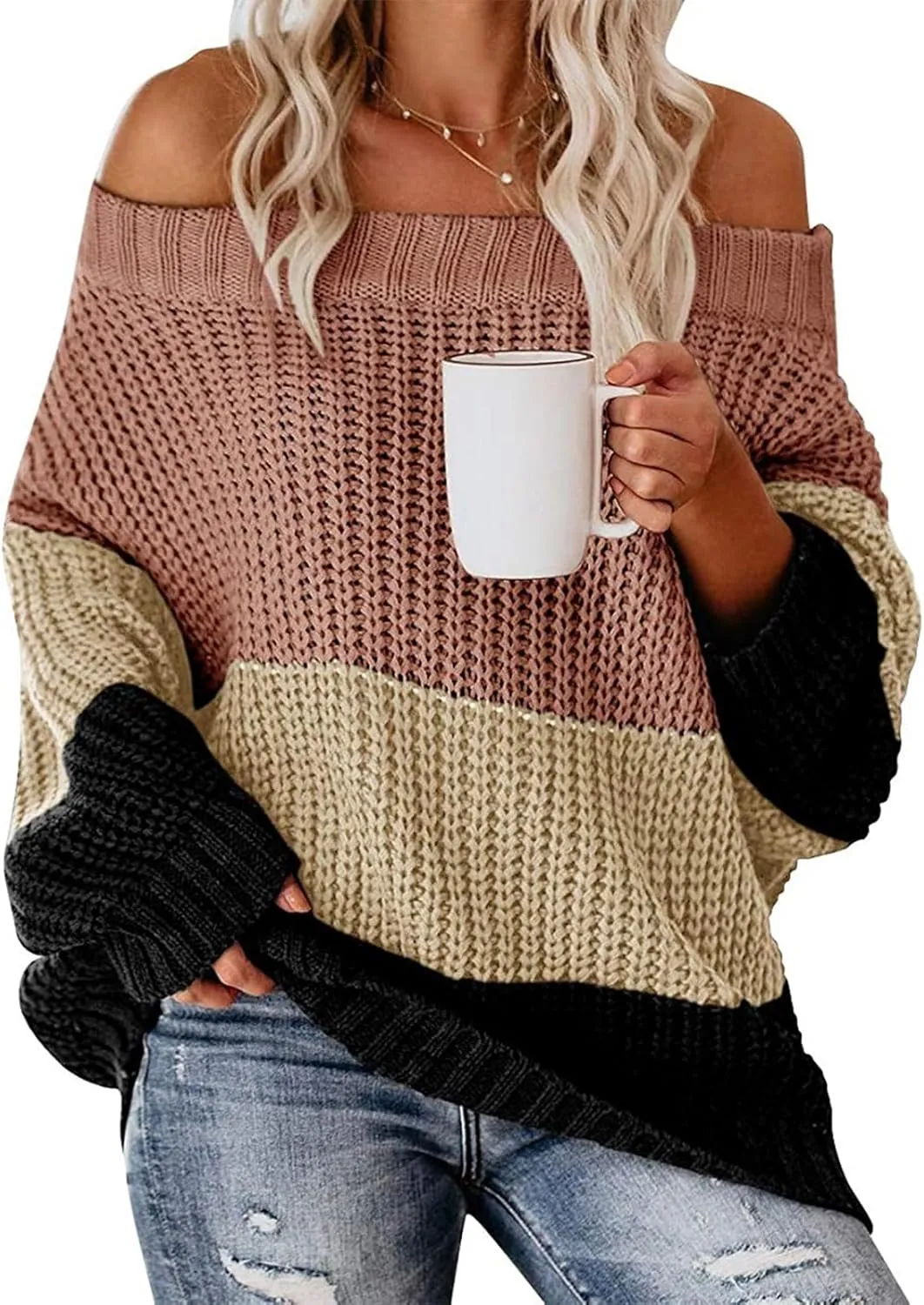 ZWRXW Womens Color Block Sweater Oversized Off Shoulder Pullover Cable Knit Chunky Sweaters Fall Winter Loose Jumper Tops